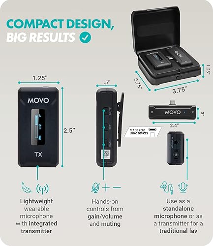Miniatura 3 de Movo WMX-2-C Micrófono inalámbrico para Android con estuche de carga, micrófono Bluetooth para micrófono de solapa Android, micrófono de solapa