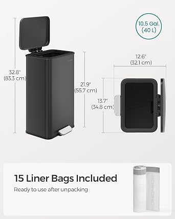 SONGMICS Kitchen Bin, 10.5 Gallon (40L) Rubbish Bin, Large Step Bin with Lid, Steel, Soft Close, 15 Liner Bags Included, Black LTB540B4002