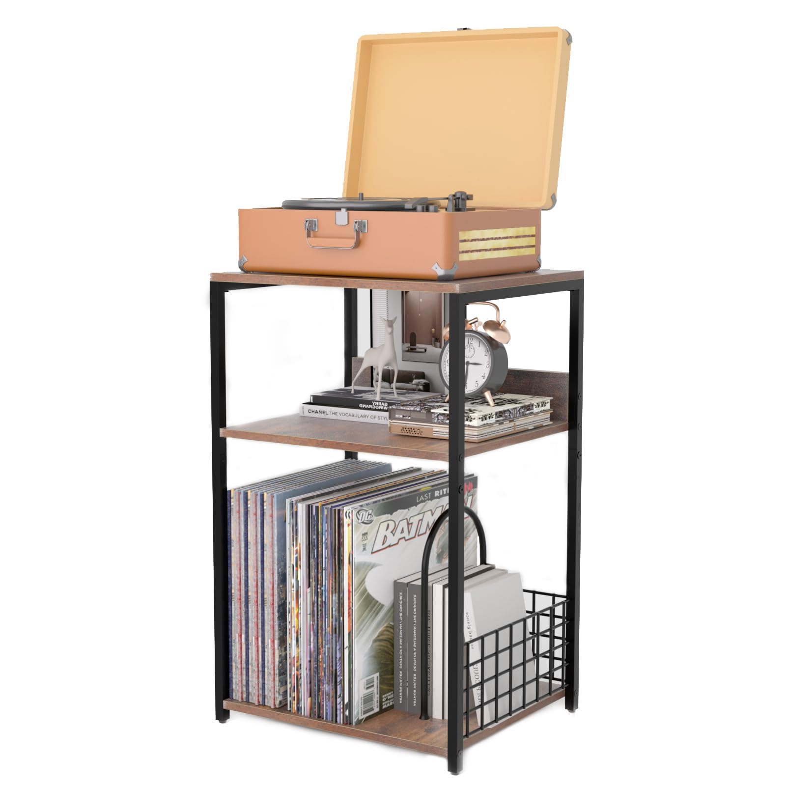 MayRecords Supporto per giradischi, tavolino con 3 ripiani in vinile, supporto per riporre fino a 100 album, supporto marrone per soggiorno, camera da letto