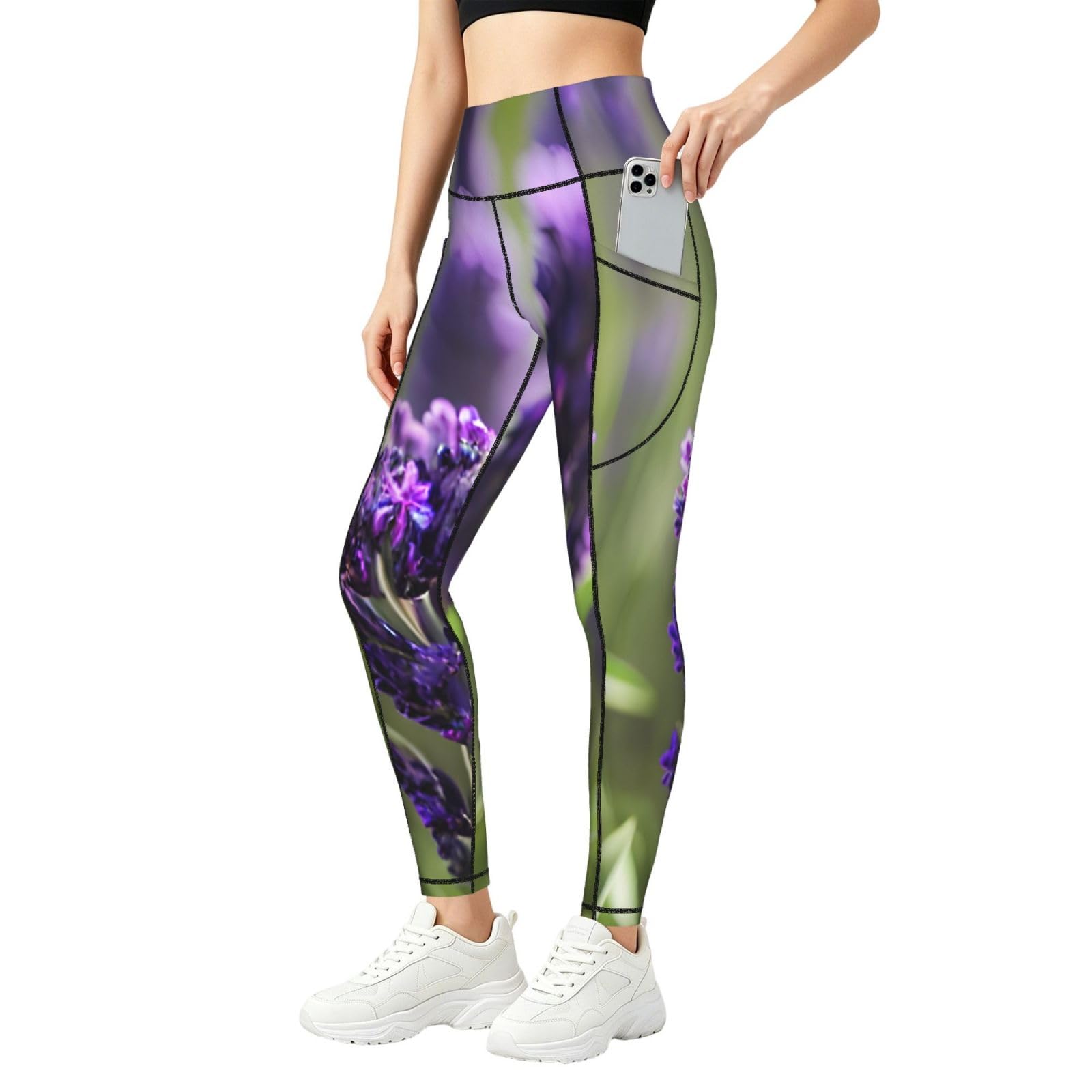 Mallas de yoga opacas lavanda que eliminan transparencias con bolsillos integrados 8