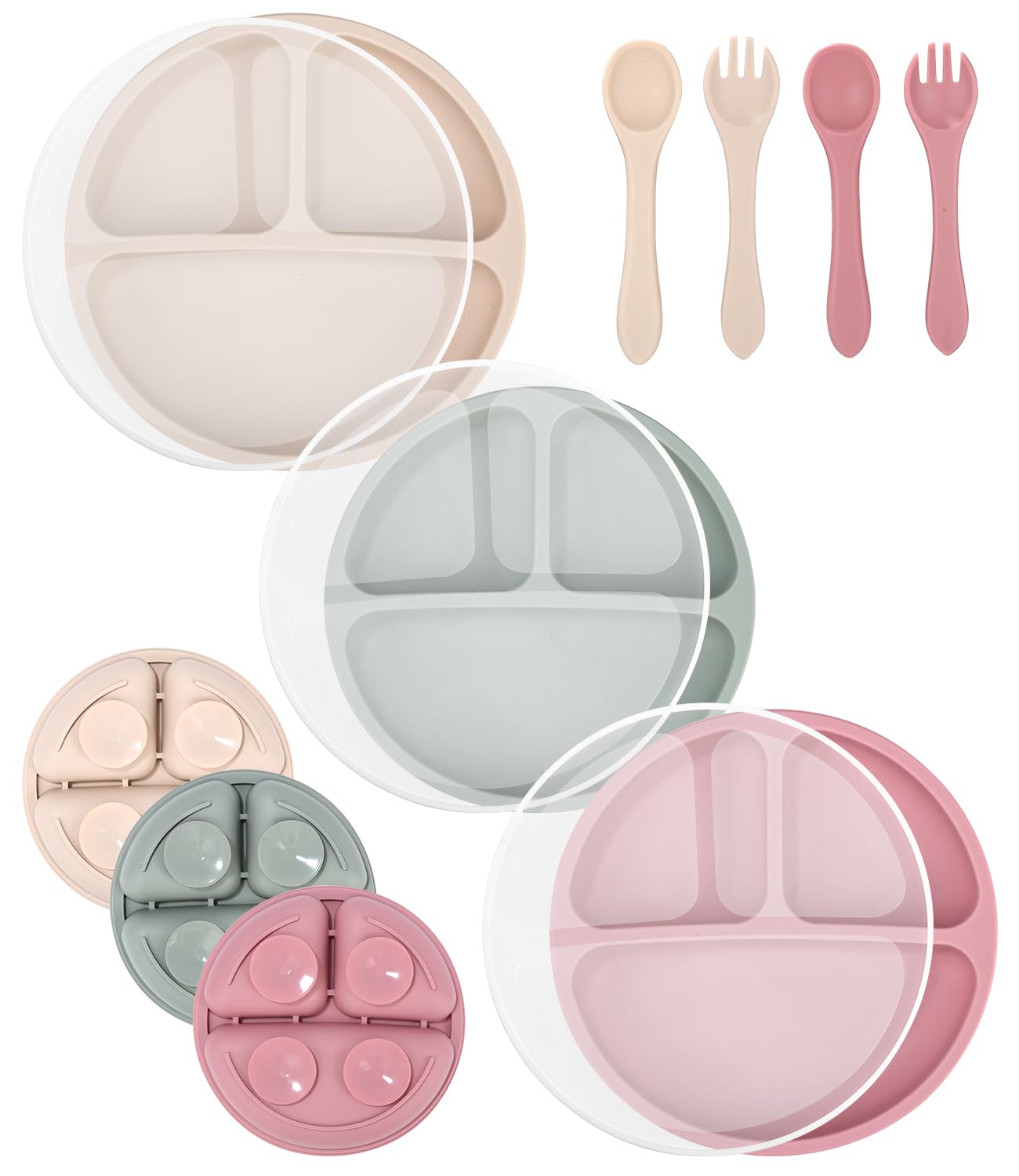 Piatto Con Ventosa Per Bambini - Set 3 Scomparti Con Coperchio, Silicone Baby-safe, Per Svezzamento - Foto 10