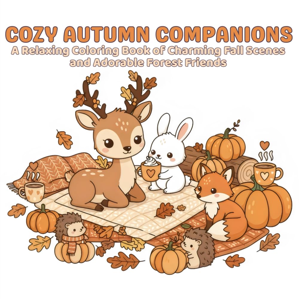 Cozy Autumn Companions: A Relaxing Coloring Book of Charming Fall Scenes and Adorable Forest Friends