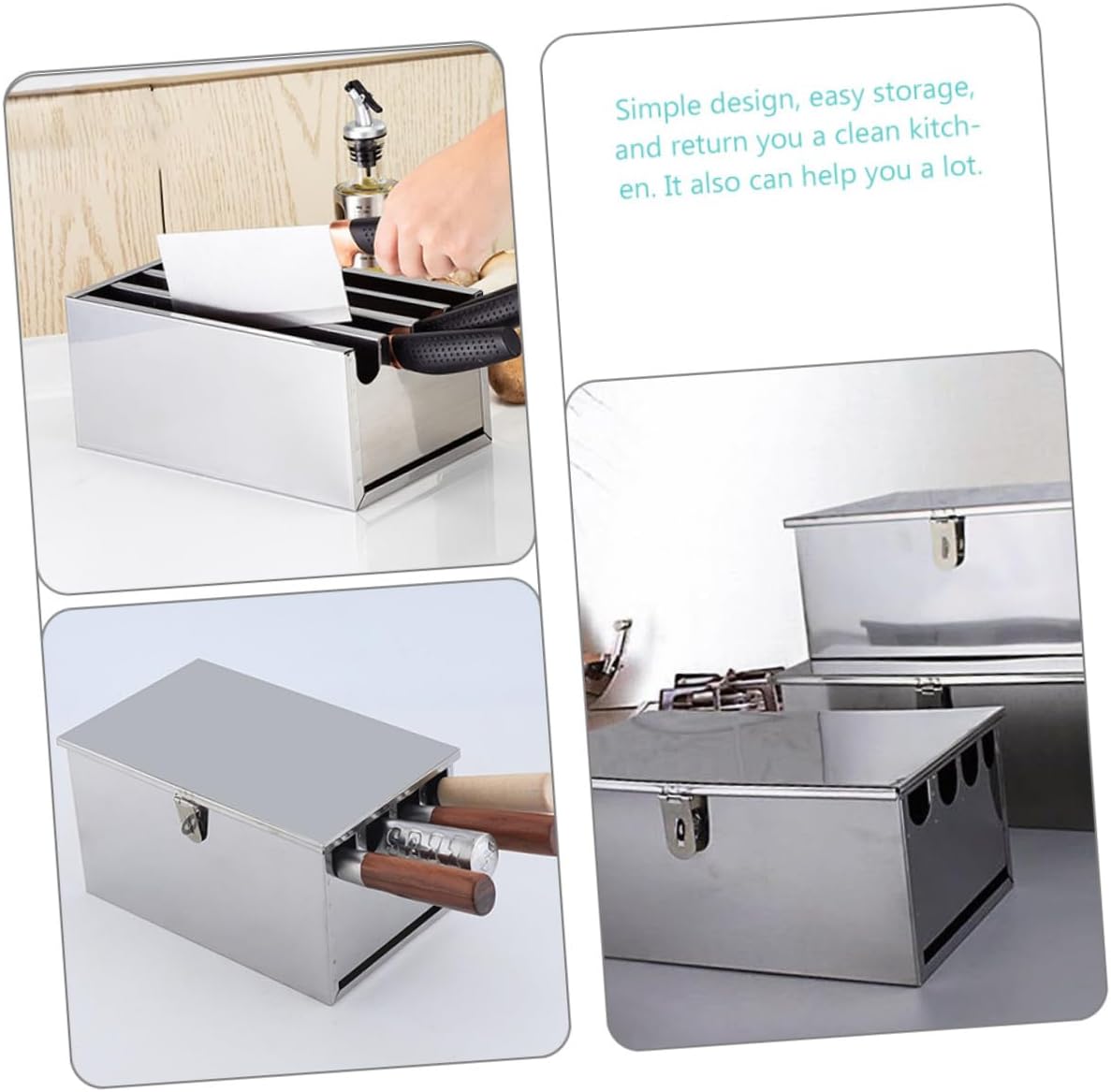 Ciieeo Stainless Steel Knife Block Kitchen Tool Rack with Lid 4-compartment Cutter Holder Thickened Large Knife Storage Organizer for Restaurant and Home Use