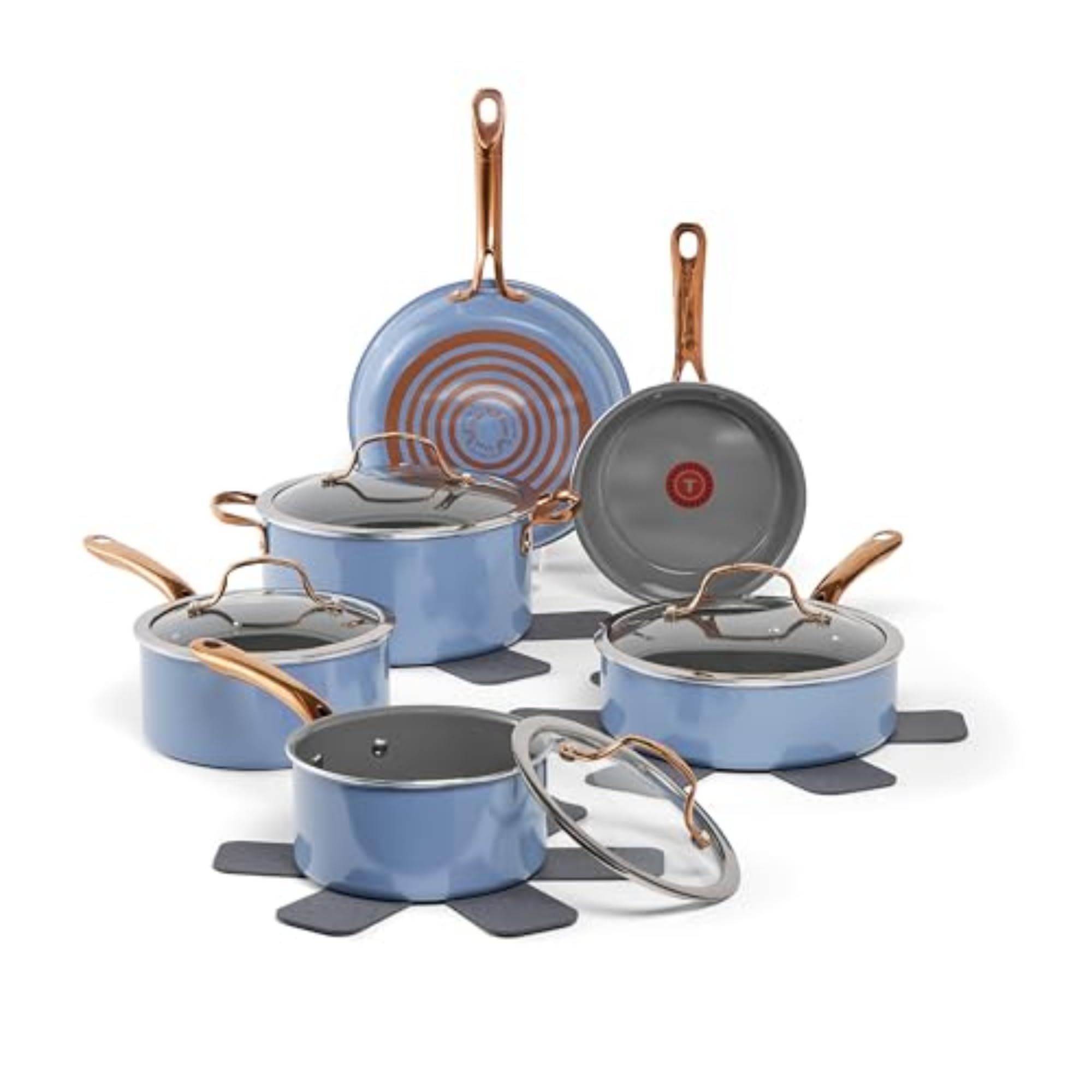 Tefal Blue T-Fal Preserve Ceramic, Ceramic Non Stick Cookware Set 13 Piece, Oven Broiler Safe 350F, Kitchen Cookware Set W/Frypans, Saucepans, Sautepan, Dutch Oven, Lids, Pan Protectors, Pots And Pans,