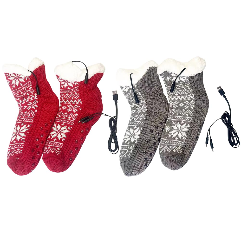 Cymwer Heated Socks for Men Women, Rechargeable Electric Socks USB Heated Knitted Socks Non Slip Fluffy Slipper Socks Foot Warmers for Indoor and Outdoor Sports