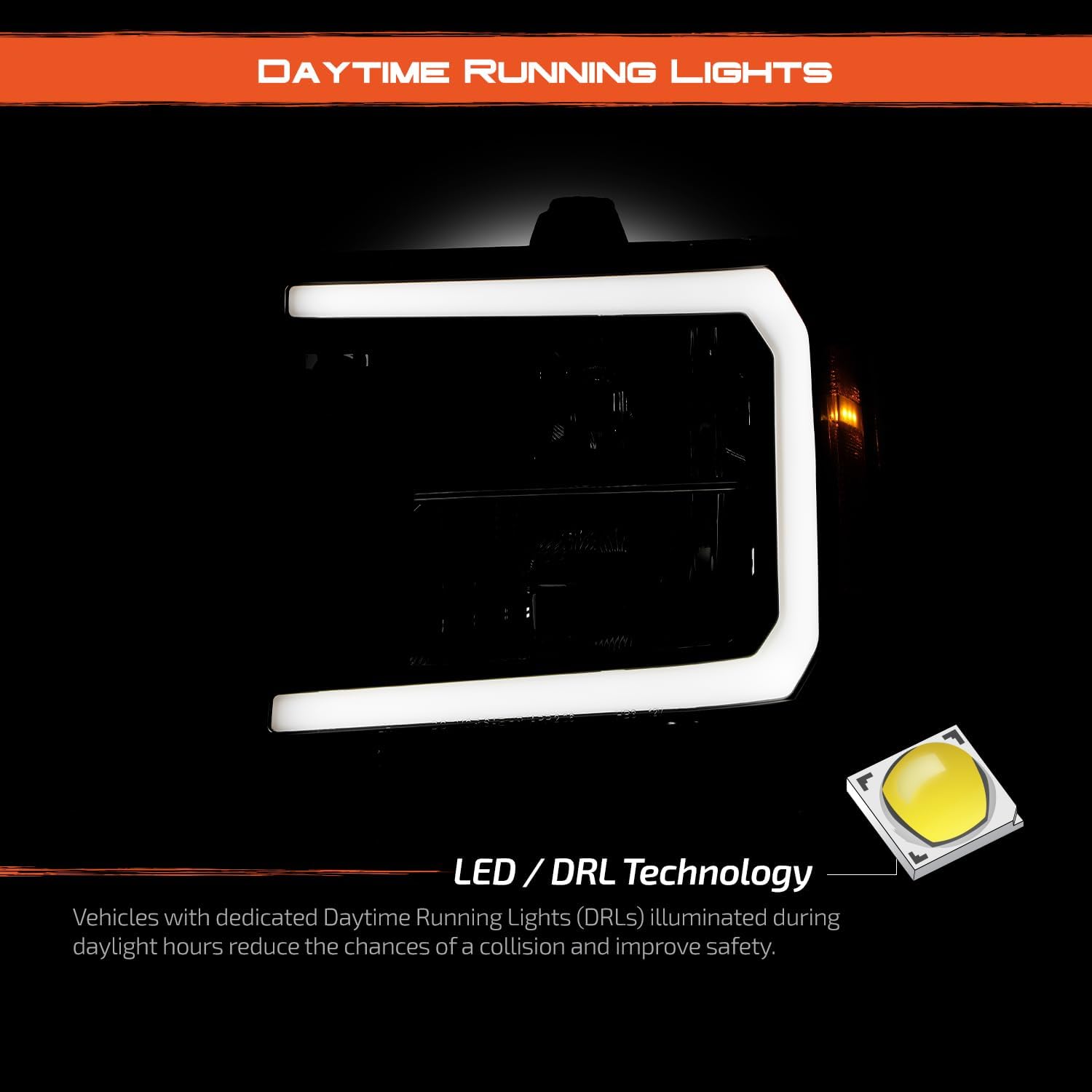 AKKON - Fits 2007-2013 GMC Sierra 1500 / 2500HD / 3500HD Black Headlights Pair w/LED Tube Bar DRL Light