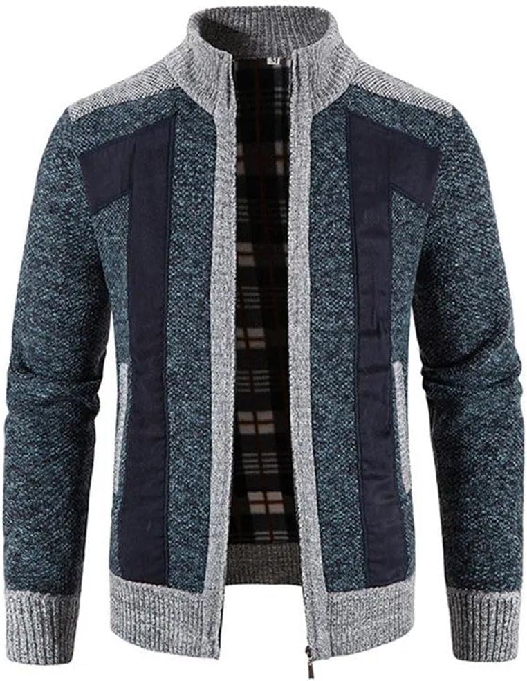 Men's Thick Warm Patchwork Cardigan Fleece Knitted Stand Collar Sweater Casual Knitwear Outerwear for Winter