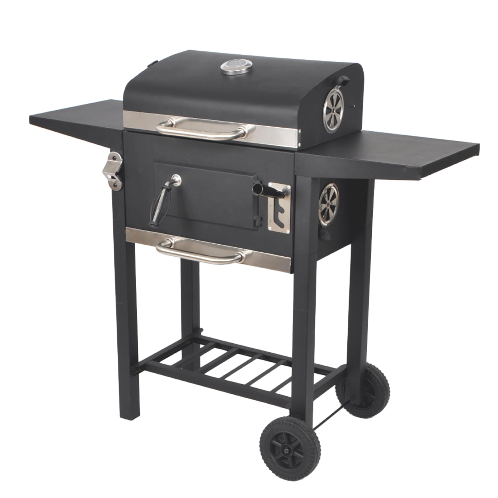LQWELL Grillwagen, Holzkohlegrill BBQ Smoker Trolley, Standgrill mit Deckel, Edelstahl-griff, Grillrost, Thermometer, Flaschenöffner und Rädern, Maße ca. L109 x W54 x H94.5 cm, Schwarz