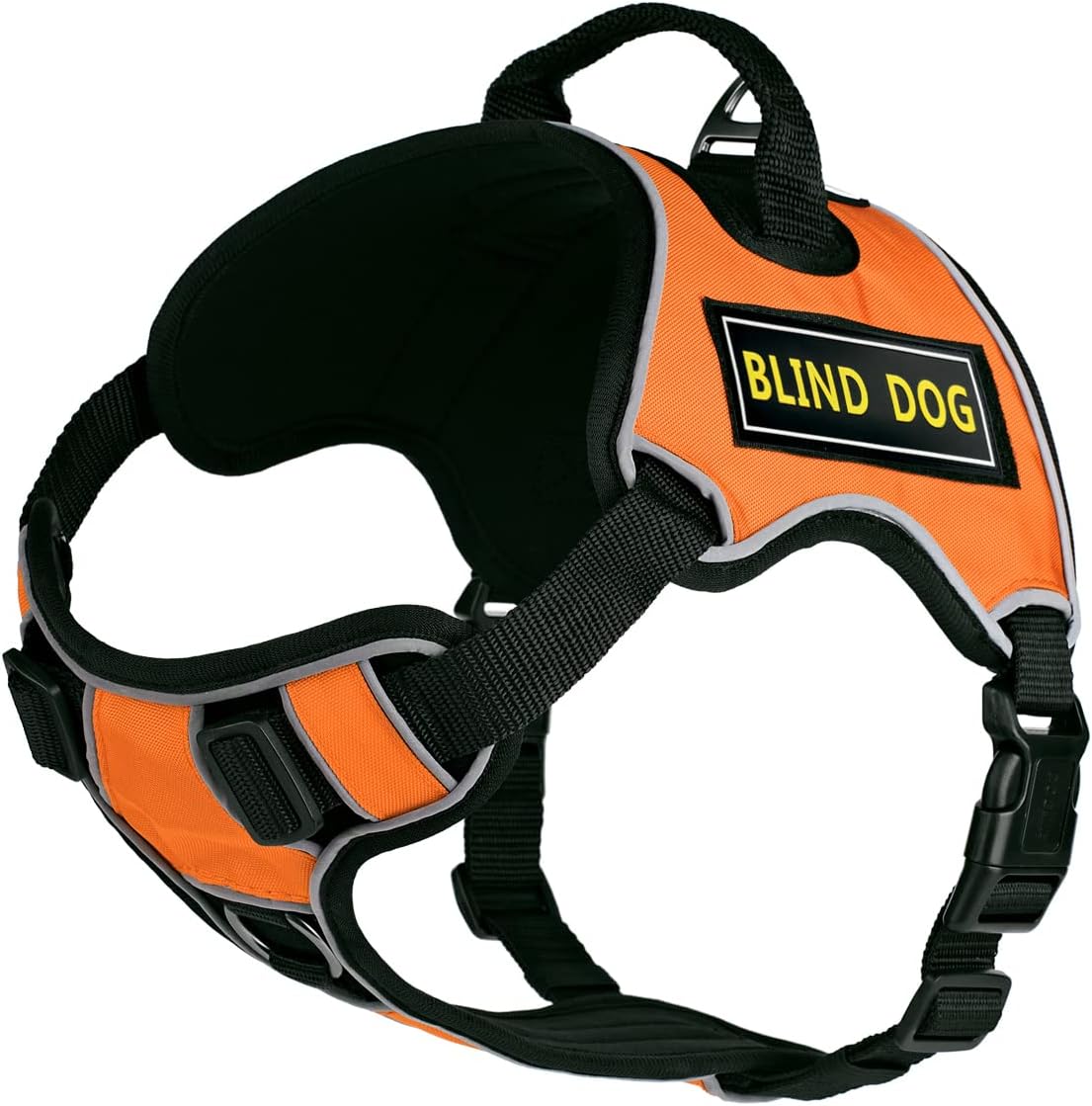 Dogline Quest No-Pull Dog Harness with 3D Rubber Blind Dog Removable Patches Reflective Soft Comfortable Dog Vest with Quick Release Dual Buckles Black Hardware and Handle 15 to 18 inches Orange