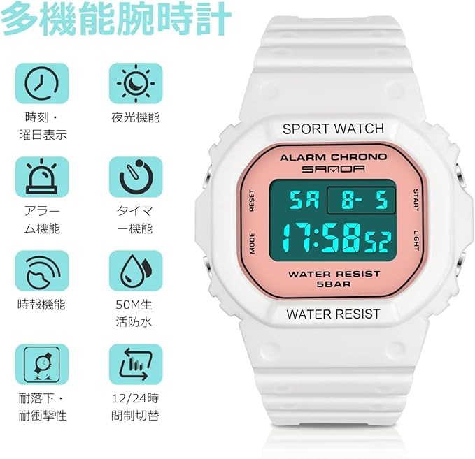 レディースデジタルスポーツウォッチ デュアルディスプレイ 防水腕時計 アラームとストップウォッチ付き ピンク 並行輸入品 大きな取引