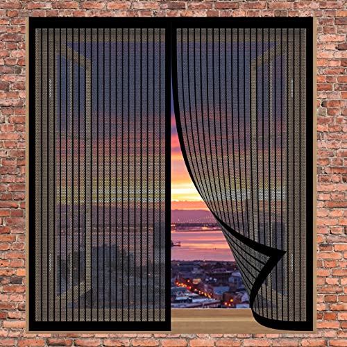 なストライプカーテン 90 x 65 cm カフェカーテン 網戸ネット 簡単取り付け 遮熱 断熱 マジック テープ 式 張り替えネット 窓用, ブラック