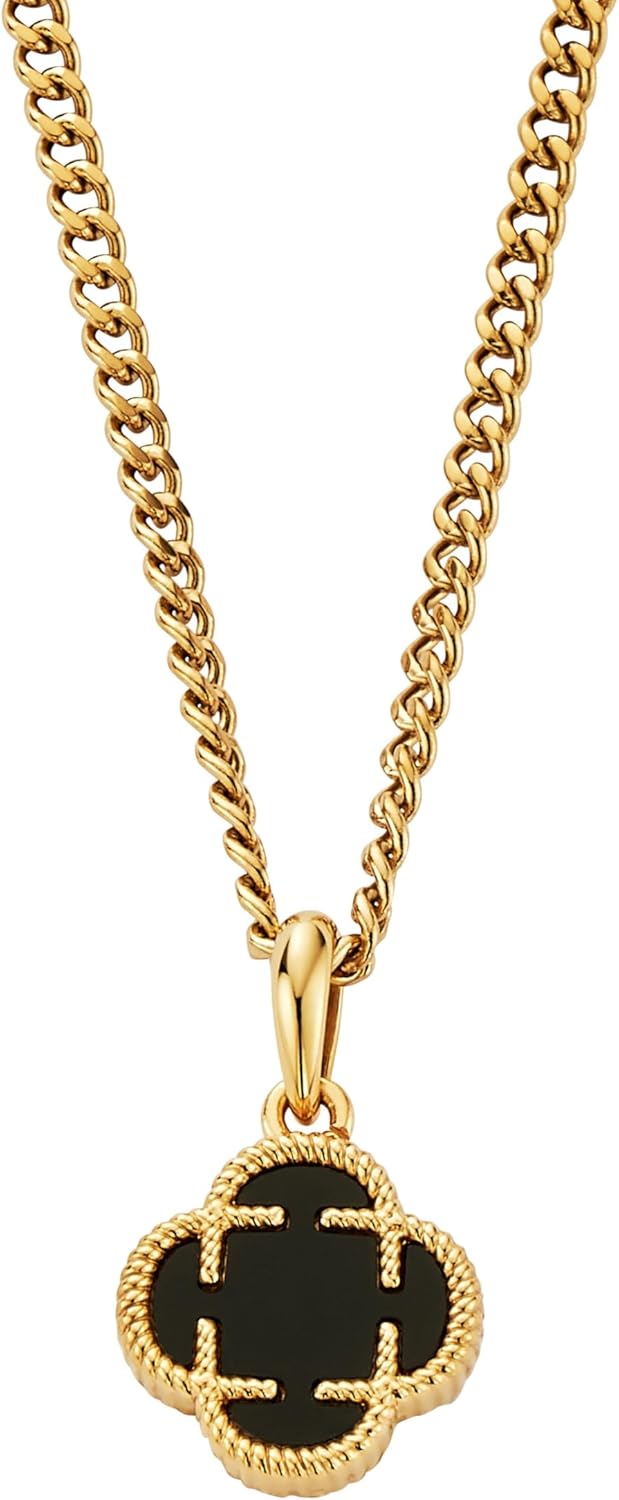 CRAFTD - Black Clover Stone Pendant Necklace - 18K Gold & 316L Stainless Steel - 20.5" Cuban Chain with 15MM x 15MM Pendant - Waterproof, Heat & Sweat Resistant - Gifts for Men - Men's Jewelry