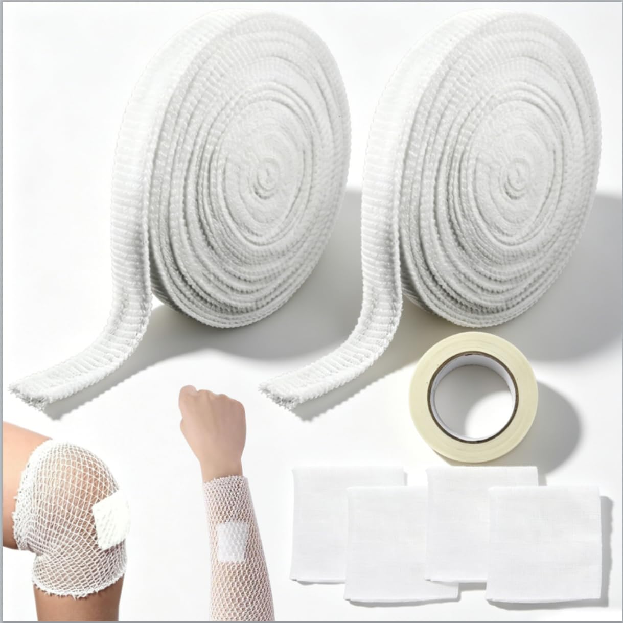 2 Rolls of Tubular Bandage, Elastic mesh Wound Dressing, Elastic Dressing fixator, Tubular Elastic Gauze Bandage, Equipped with Tape and Gauze (Used for Wounds on the arms, Legs, or feet, Sizes 3-5)