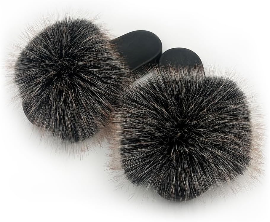 Women's Faux Fur Slides Slippers Fluffy Fuzzy Sandals Open Toe Furry Slide Flip Flop Indoor Outdoor