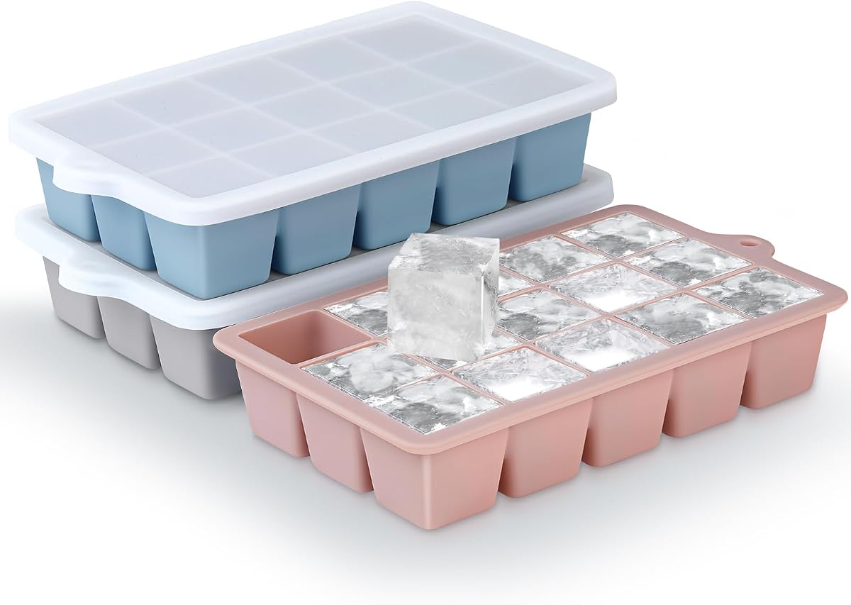Bandejas de silicona para cubitos de hielo, 3 paquetes, moldes para cubitos de hielo de fácil liberación con tapa, máquina de hielo apilable para congelador para whisky, sin BPA (azul+gris+rosa)
