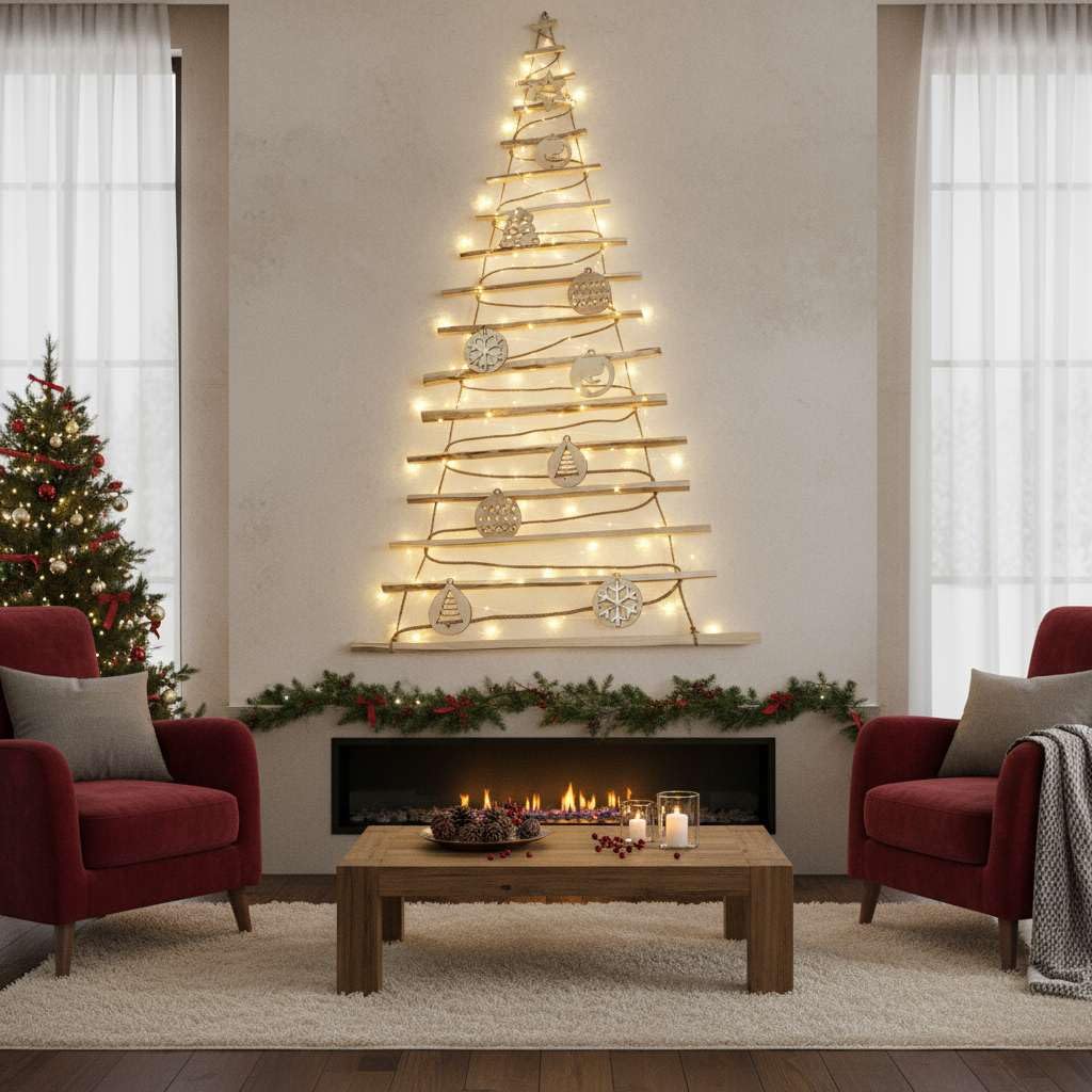 BOGATECO Sapin de Noël fait à la main Hauteur 205 cm avec décorations en bois de noisette, pendentif décoratif avec lumières LED de 10 m, panneaux en bois reliés à une corde de jute avec un