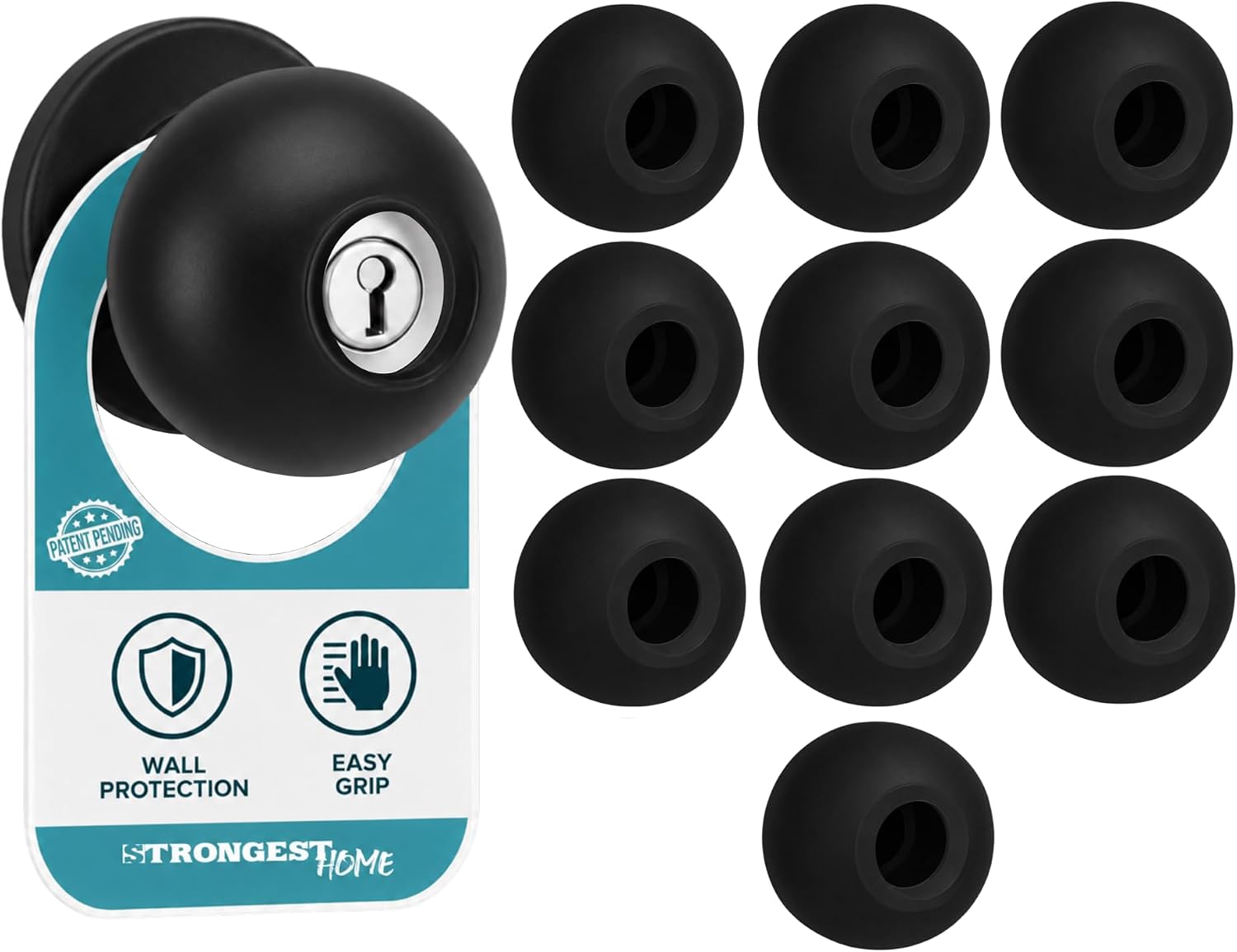 STRONGEST HOME Black Silicone Door Knob Cover & Wall Protector – Soft Rubber Handle Grip for Arthritis Support and Quiet Damage Prevention (10 Pack)