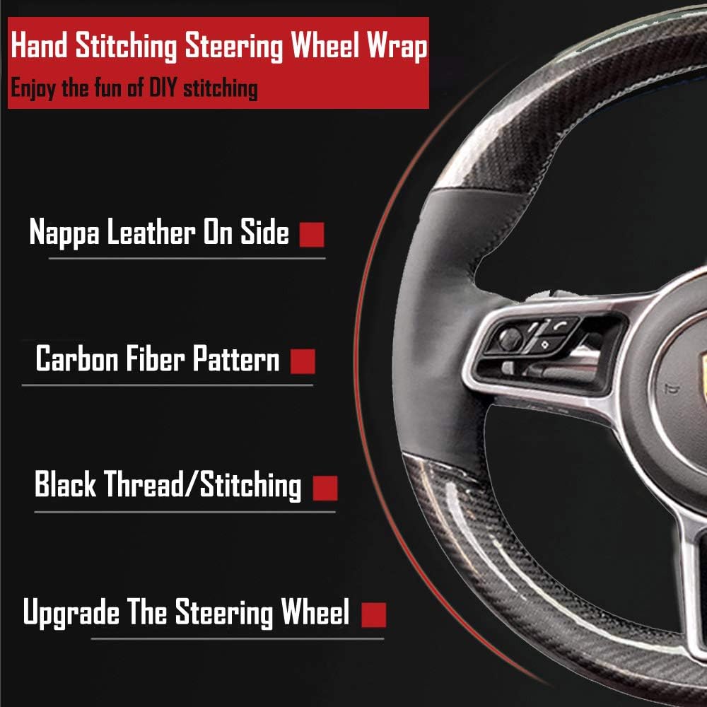 Black Nappa Leather & Carbon Fiber Auto Interior Accessory Steering Wheel Protector Cover Hand-Stitch on Wrap Fit for Porsche Panamera Macan Cayenne 911 996 997 959 Cayman Boxster
