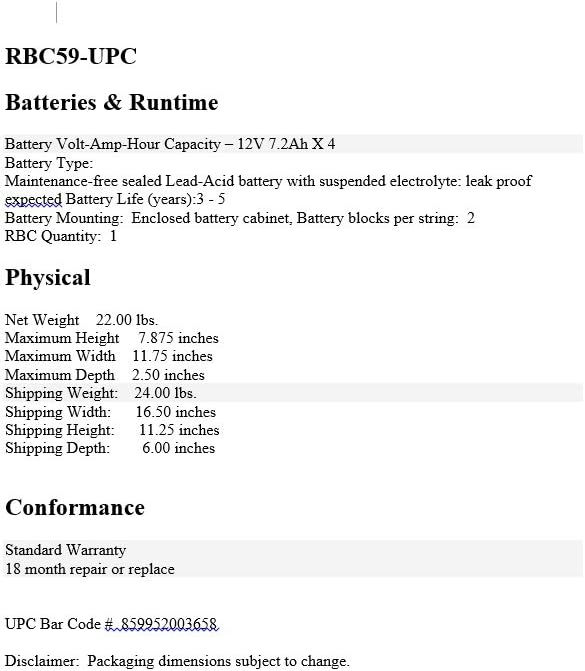 RBC59-UPC Replacement Battery for APC SC1500, SC1500I - Assembled in USA!