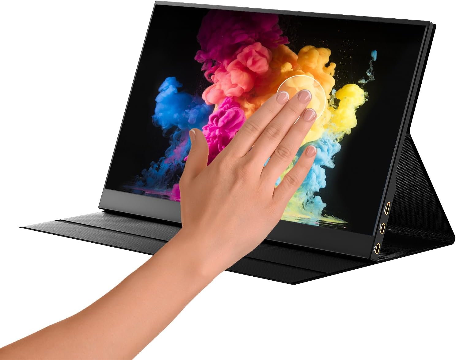Hand interacting with the Yinker LDP1 portable touchscreen monitor