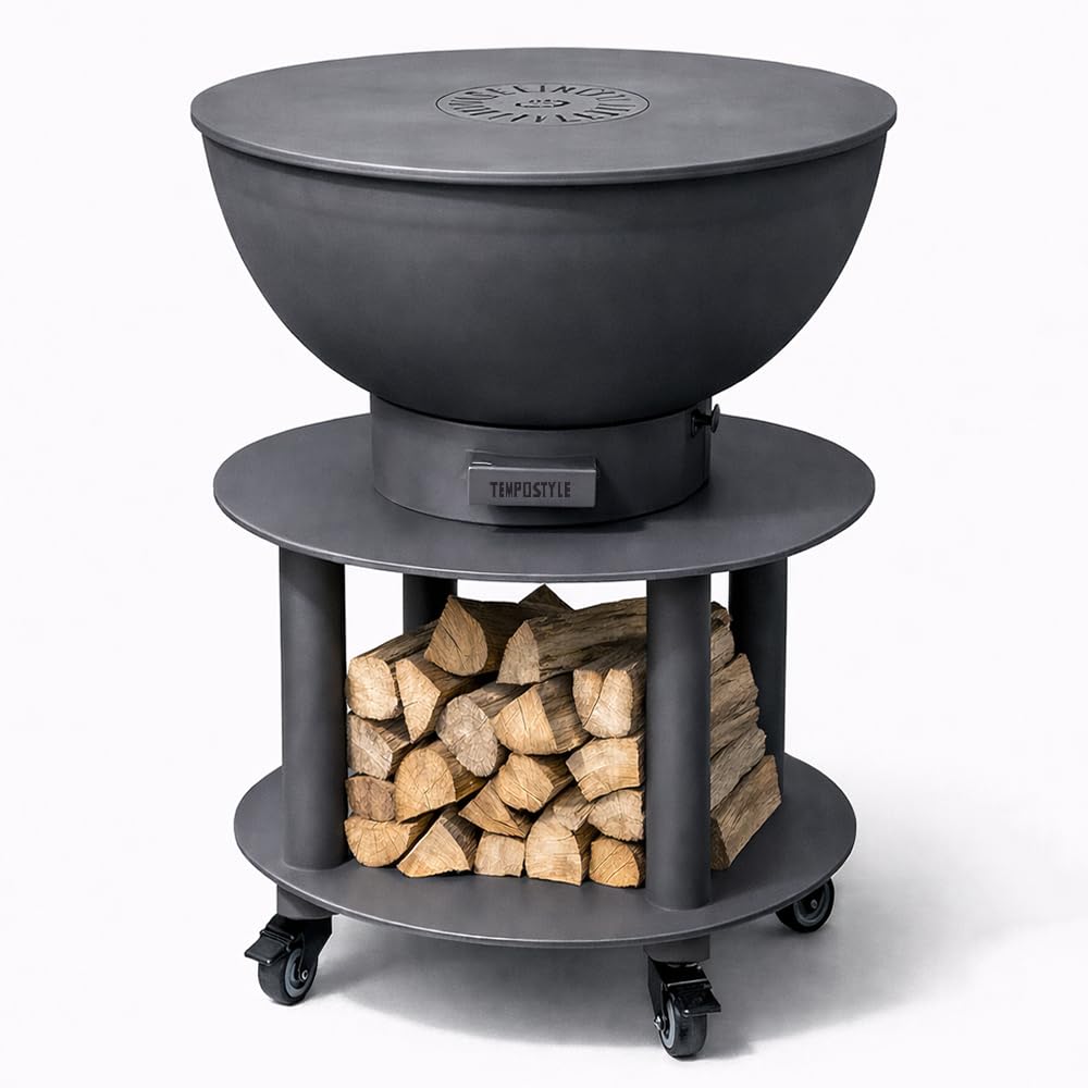 Grill na drewno i węgiel drzewny Stromboli | Okrągły grill ze stali Corten do użytku na zewnątrz i do ogrodu, z grillem do gotowania ze stali nierdzewnej 316 sp.1 cm, przenośny z kółkami