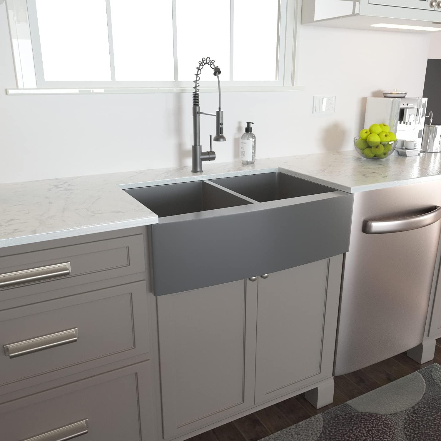 Black Friday - 80% OFF 36 Black Farmhouse Sink - Lordear 36 inch Kitchen Sink Apron Front Gunmetal Black 16 Gauge Stainless Steel Double Bowl 50/50 Farm Kitchen Sink