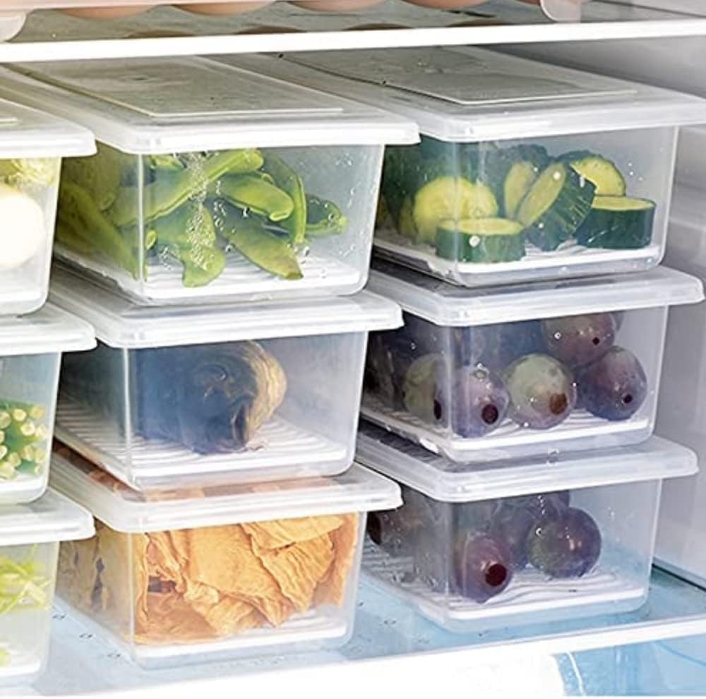 CADWOW -Plastic Fridge Storage Boxes, Fridge Organizer Case With Removable Drain Plate Stackable Fridge Storage Containers Keep Fresh For Storing Fish, Meat, Vegetables (1500Ml, Food Box Pack of6)
