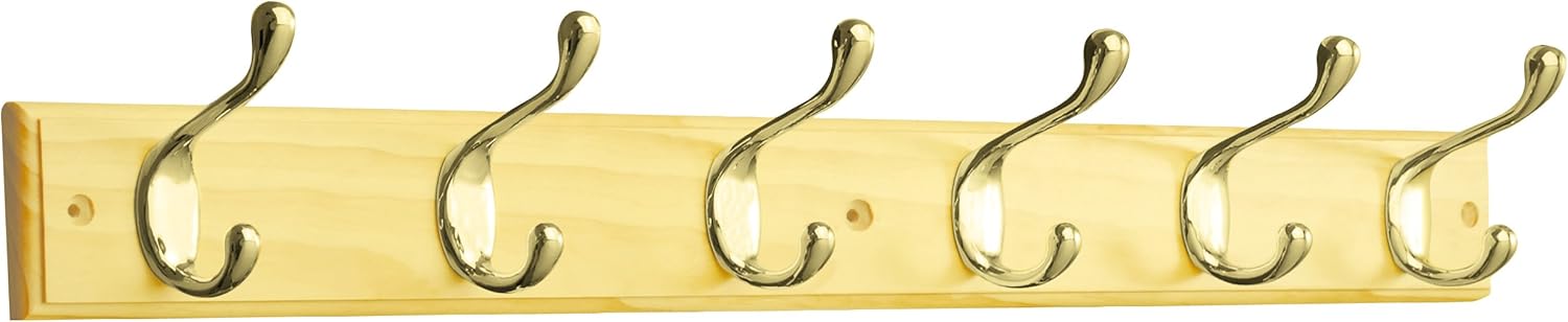 Liberty Hardware RPLR6DJ-PNB-L1 27-Inch 6 Heavy Duty Coat and Hat Hook Rail, Pine and Polished Brass