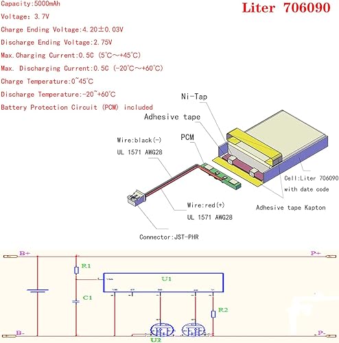Miniatura 2 de Liter energybattery 3.7V Lipo batería 5000mAh batería recargable de polímero de iones de litio 706090 con conector JST