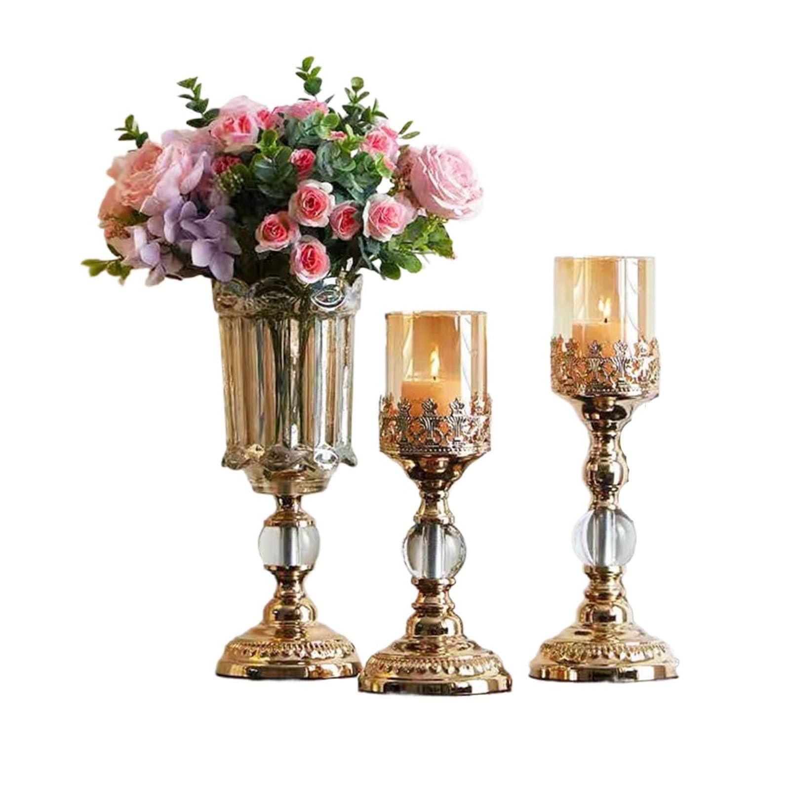 Vintage Candlestick/Vase Set For Candlelight Dinner, Retro Romantic Table Centerpiece Decor Props(Gold,Candlestick+Vase)