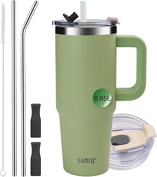 SUNTQ 30oz Tumbler with Handle, Double Wall Vacuum Insulated Water Bottle with Straw and Lid, Stainless Steel Travel Coffee Mug, Reusable Thermal Cup for Beverages, Fit in Cup HolderMoss