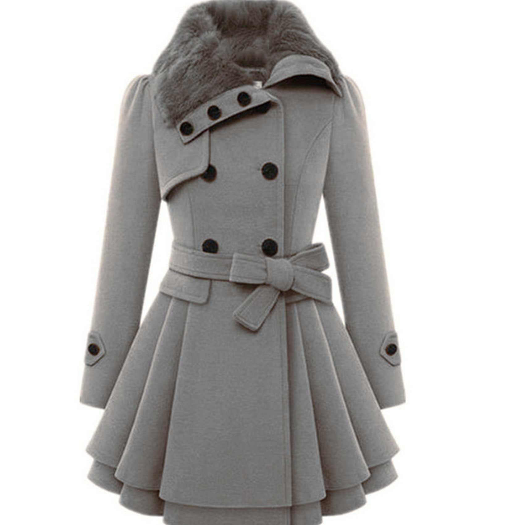 WHZXYDN New Women's Slim Long Woolen Coat Double-Breasted Woolen Coat Trench Coat Women Grey