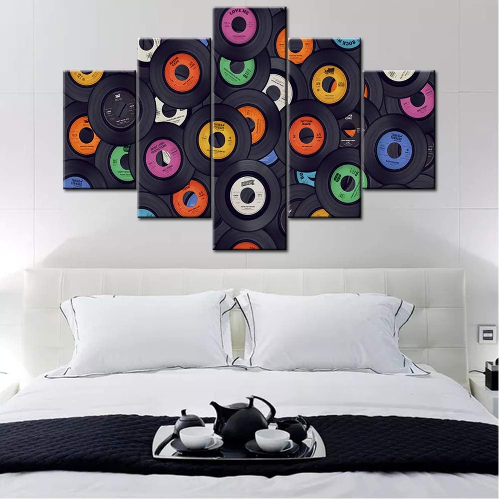 Vinyl Records Music Wall Art Abstract Artwork Canvas Prints Art Home Decor for Living Room Bedroom Modern Still Life Pictures Gift 5 Panel Large Posters HD Printed Painting Ready to Hang - 60"W x 40"H