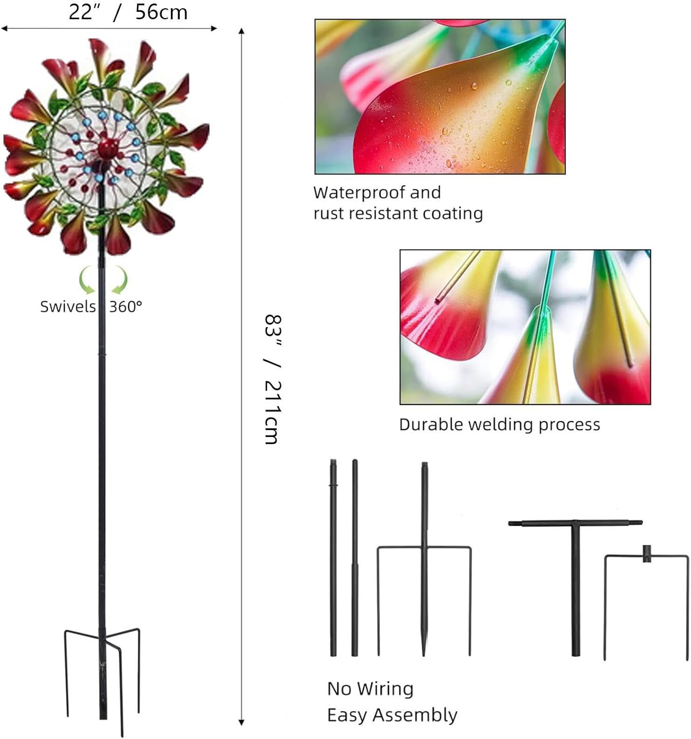 83in Metal Windmill 360° Wind with Kinetic Solar Wind Spinners with Lights