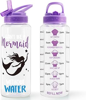 32oz Motivational Water Bottle with Straw, Mermaid | Time Marker, BPA FREE, Dustproof Flip Straw, Leak Proof, Easy Clean