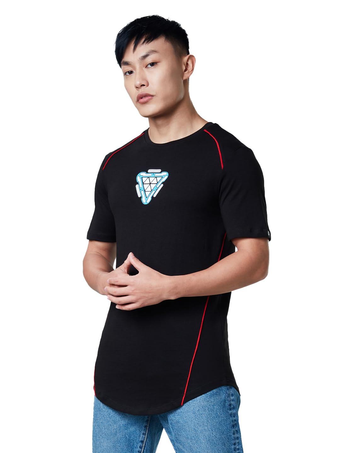 The Souled Store Men Official Iron Man: Stark Special Arc Reactor Black Printed Drop Cut T-Shirts