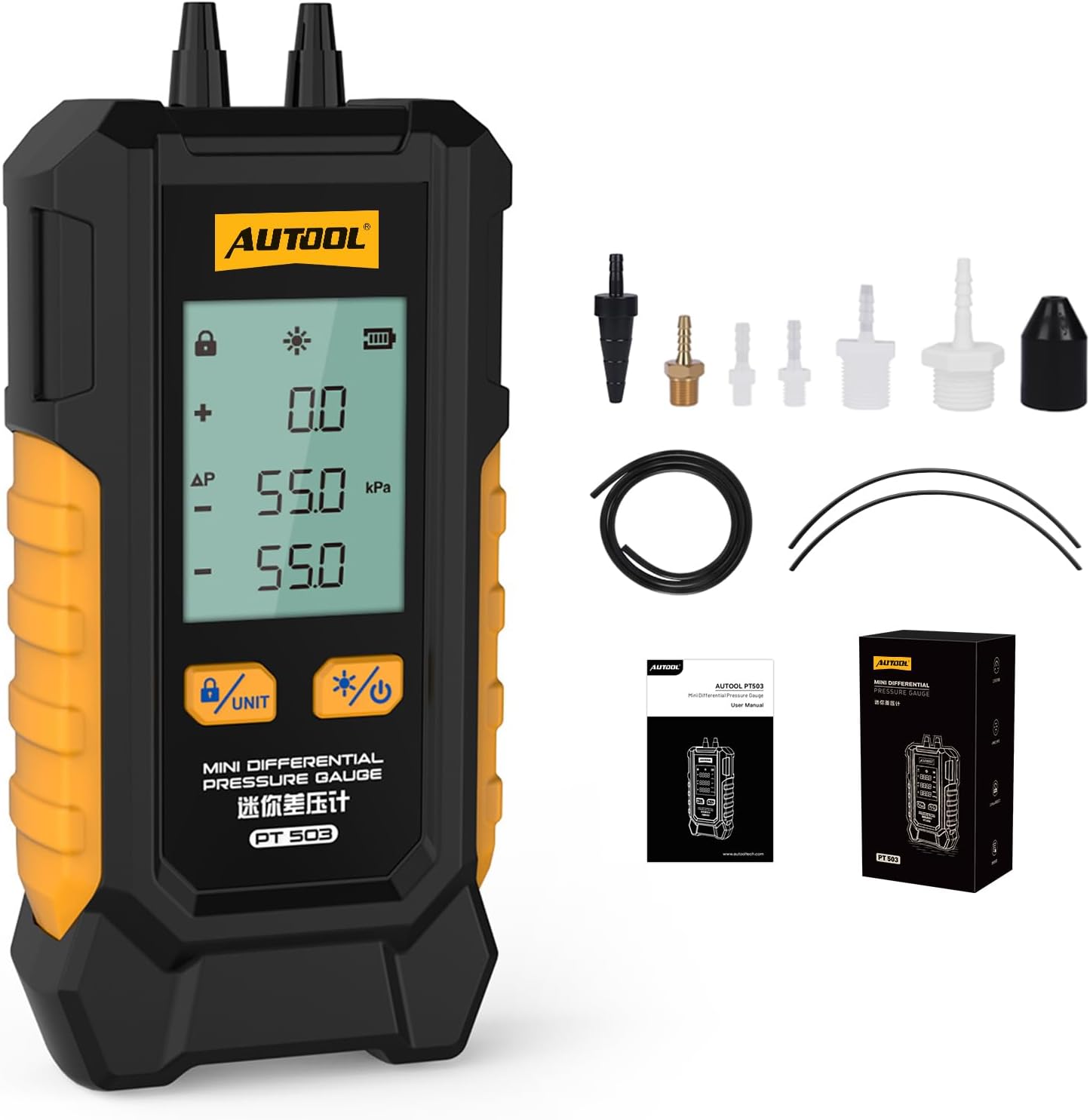 AUTOOL Manometer Gas Pressure Tester, Digital Manometer HVAC, 6 Units Differential Dual Port Pressure Gauge -101 to 200Kpa, Data Zeroing with Backlight LCD Display