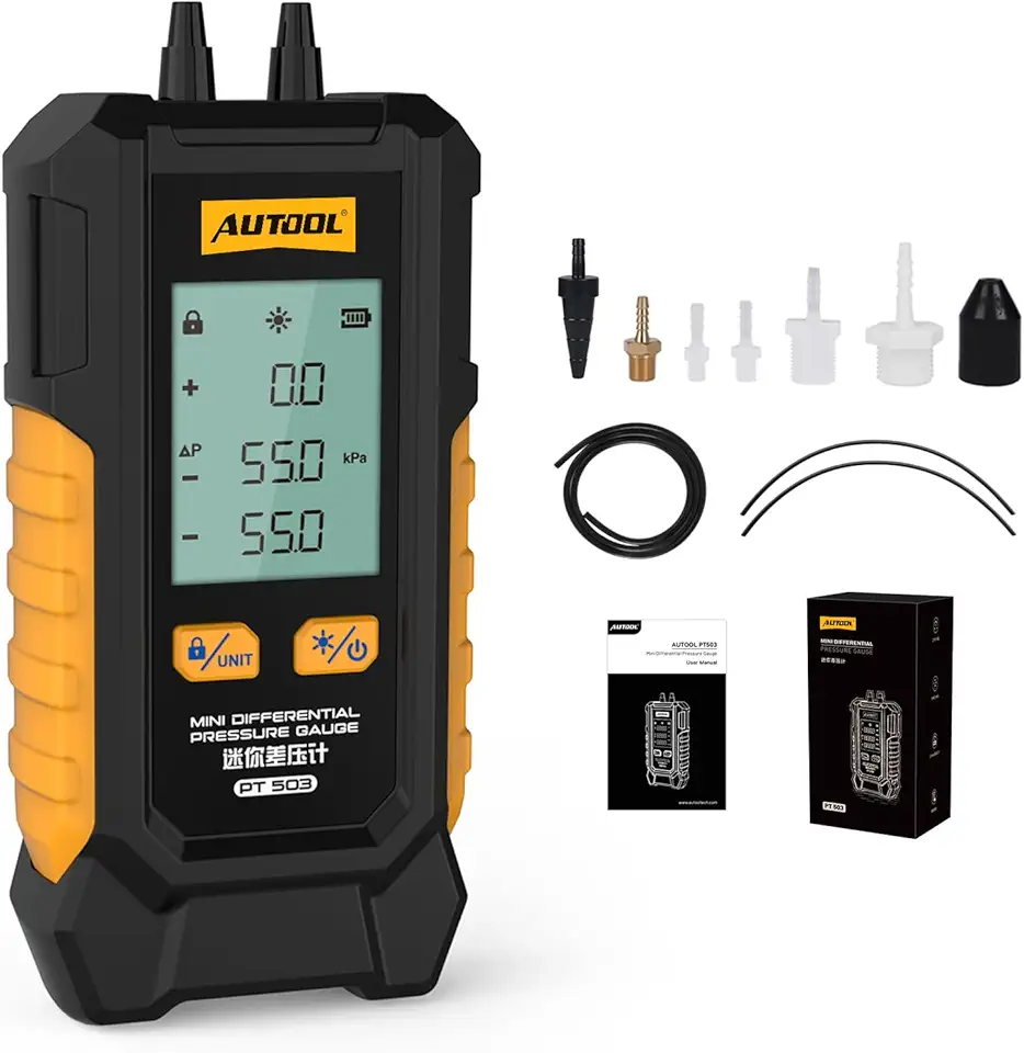 AUTOOL Manômetro para Teste de Pressão de Gás, Manômetro Digital para Hvac, 6 Unidades de Medição Diferencial com Porta Dupla de -101 A 200 Kpa, Zeragem de Dados com Display Lcd Retroiluminado.