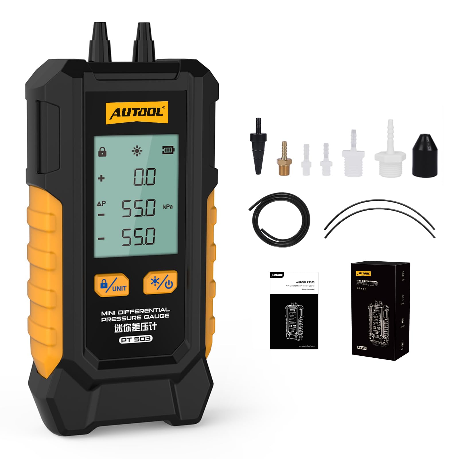 AUTOOL Manomètre de Pression de Gaz, PT503 Manomètre de Digital Numérique Manomètre Différentiel HVAC, ±0.5% FSO Précision, 101Kpa~200Kpa, écran LCD Rétroéclairé