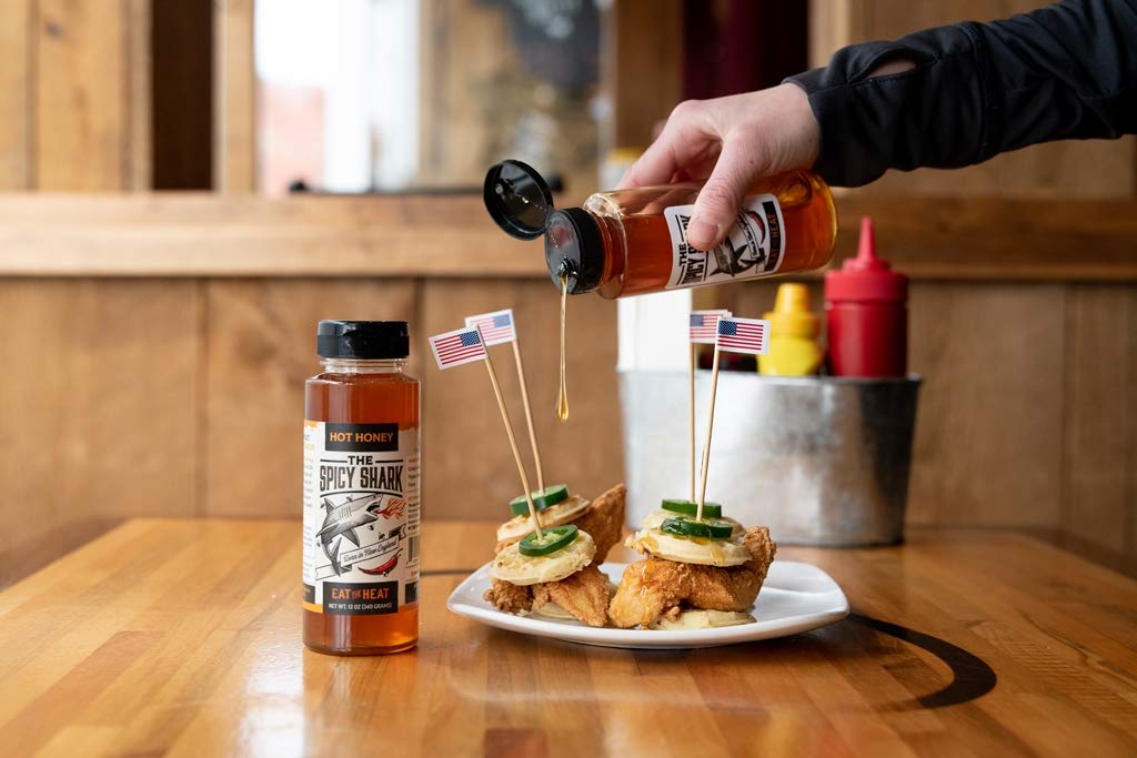 The Spicy Shark Hot Honey 12 oz Bottle 100% pure Spicy Hot Honey, Made in the USA, Gluten-Free & Paleo - Brand featured on Hot Ones (Pack of 2)