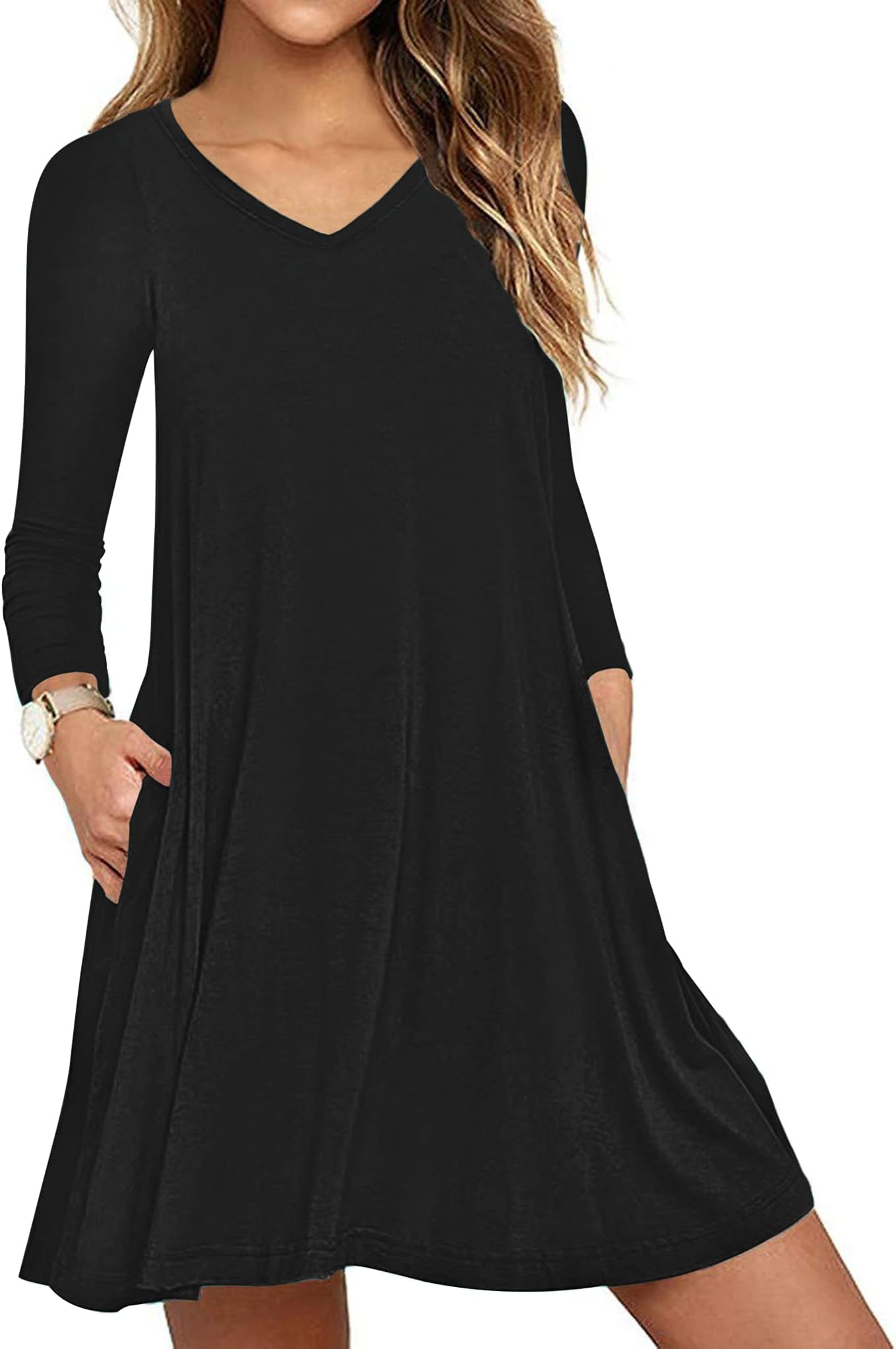 Womens Casual V-Neck Swing Floral Dresses Long Sleeve T Shirt Pockets Dress