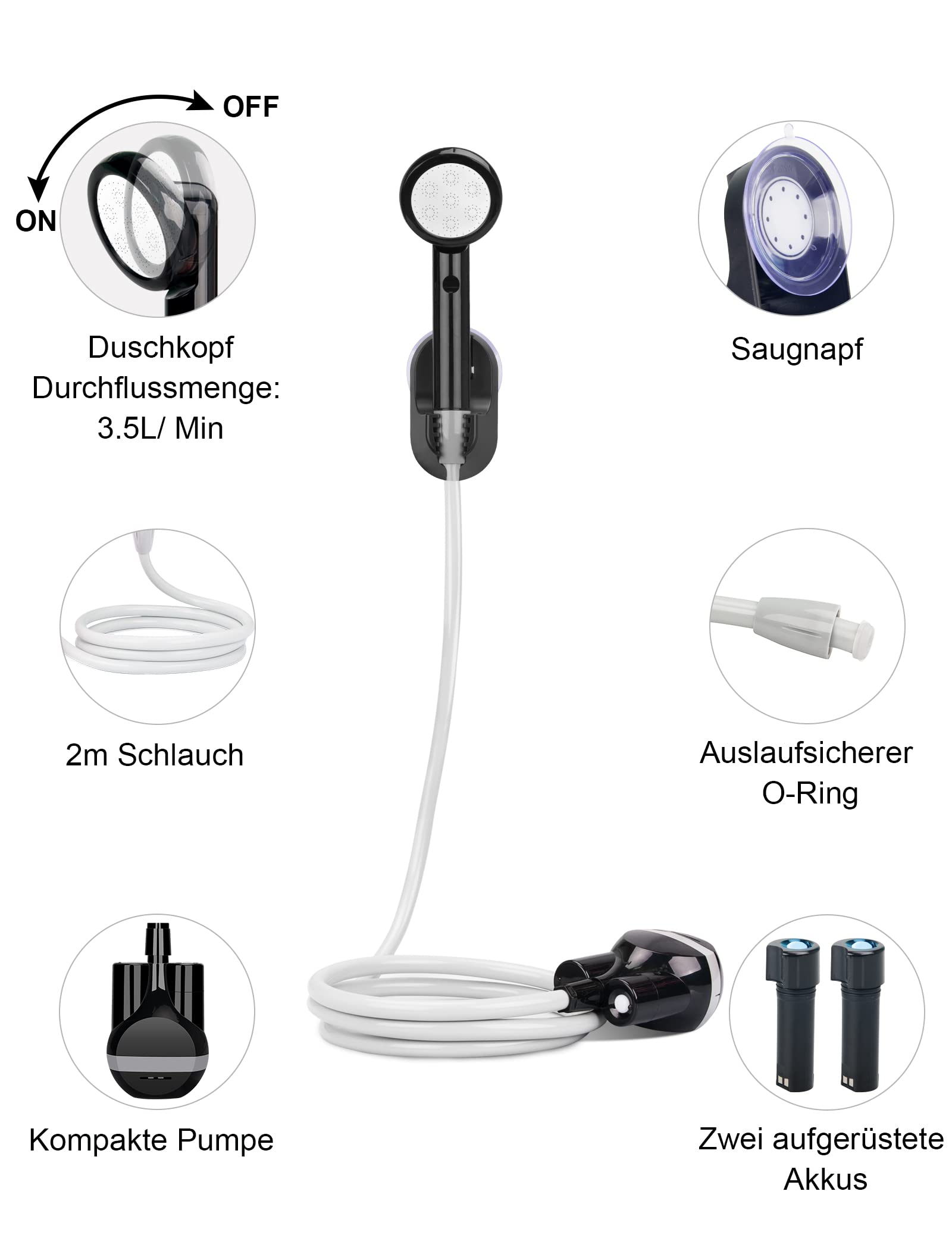 Liberrway Camping douche, outdoor douche, oplaadbare batterij, 1,80 m