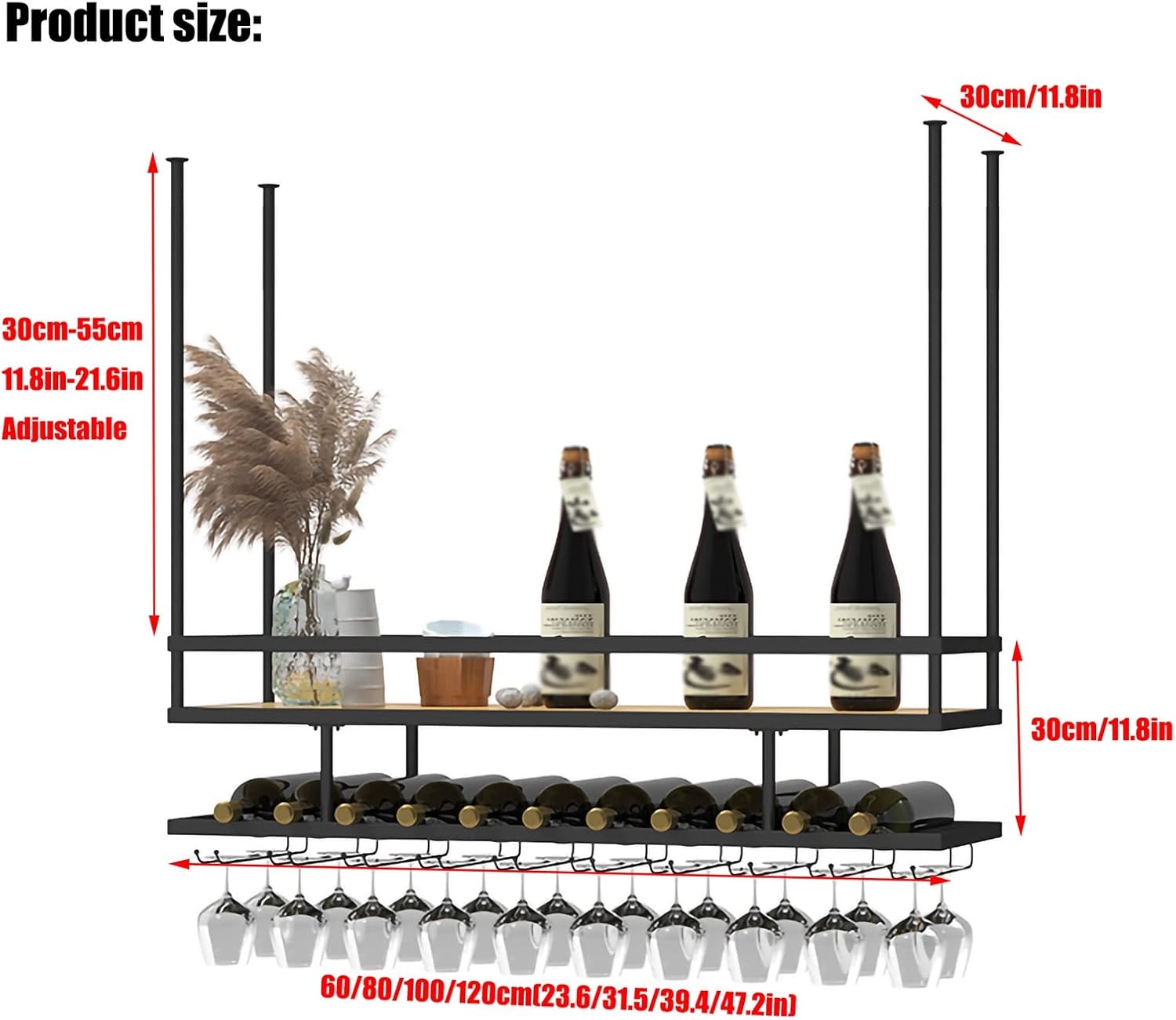 Hanging with Glass Holder and Shelf, Adjustable Height Metal and Solid Wood Ceiling Bar Wine Glass Rack, 2 Layer Industrial Wall Mounted Wine and Glass Rack/Black/100 * 3