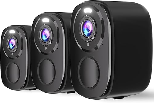 Paquete de 3 cámaras de seguridad inalámbricas para el hogar y el aire libre, cámaras de seguridad WiFi alimentadas por batería de 5 MP con foco,