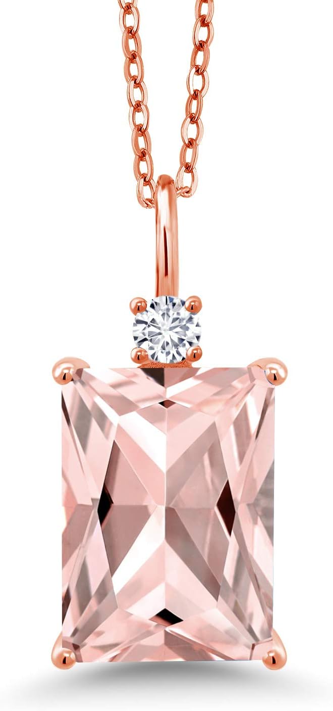 Gem Stone King 18K Rose Gold Plated Silver Peach Simulated Morganite and White Lab Grown Diamond Pendant Necklace For Women | 6.40 Cttw | With 18 Inch Chain