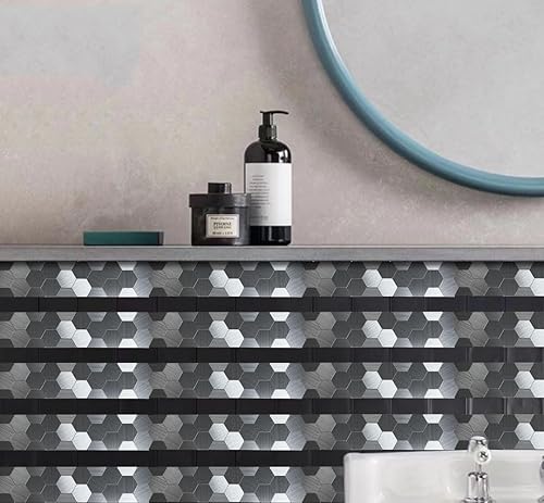 Miniatura 6 de XUANINY Azulejos hexagonales de metal de 40 hojas, azulejos de mosaico de línea de cintura decorativos autoadhesivos, paneles de pared para