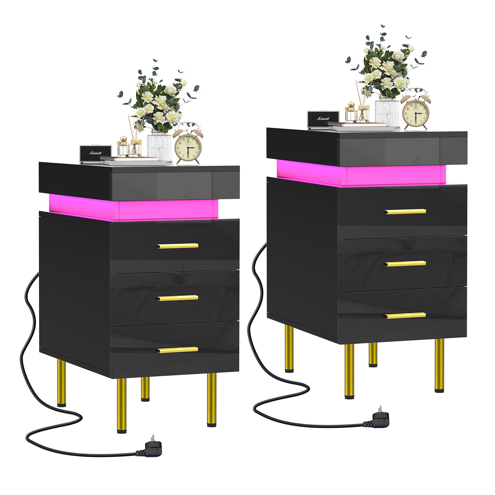 EXSELTMAN Mesitas de Noche Estrechas Pack 2, Mesitas de Noche Negras, Mesa de Noche LED 3 cajones, Mesilla de Noche, 16 Colores Tira de Luz LED, Mesa Auxiliar Moderna, 55x30x67.5 cm