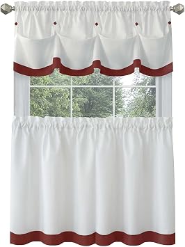 PowerSellerUSA Two-Tone Tier Pair Panels and Valance Kitchen Curtains Set for Kitchen Windows, Living Room, Dining Room and Basement, Diamond Design with Tuck Buttoned Valance, 58" W x 24" L, Burgundy