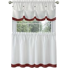 PowerSellerUSA Two-Tone Tier Pair Panels and Valance Kitchen Curtains Set for Kitchen Windows, Living Room, Dining Room and Basement, Diamond Design with Tuck Buttoned Valance, 58" W x 24" L, Burgundy