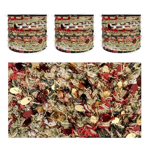 CHENURORA Artisanal Yarn Collection Multifiber Fancy Yarn with Sequins & Shimmering Threads for Knitting Crocheting Crafts DIY Set of 3 Rolls (Christmas Red & Gold)